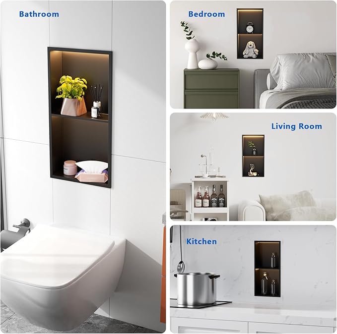 QAOYEDE 24"x12" Stainless Steel Shower Niche 2-Tier Shelf, Matte Black with Waterproof LED Light, No Tile Needed Recessed Wall Organizer for Bathroom