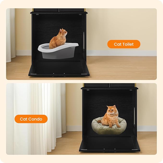 DWANTON Litter Box Enclosure with 2 Storage Shelves and 2 Drawers, 2-in-1 Hidden Cat Litter Box Enclosure Furniture with Shelf, Reversible Entrance, Washable Drawers, 50-Inch, Black+Gold