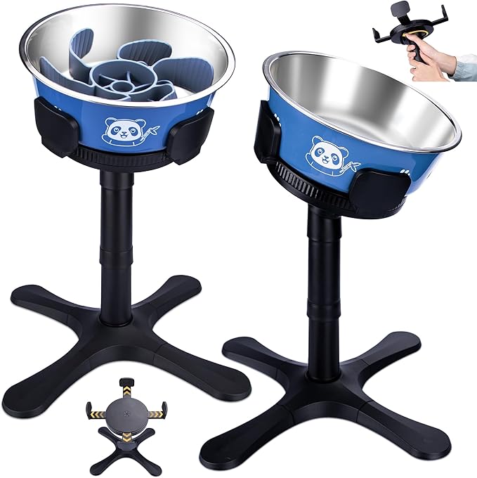 Elevated Slow Feeder Dog Bowl Adjustable Stand,Tilted ABS Base,Fits 5.5-9.5" Bowls, Anti-Spill & Non-Slip, Heavy Duty for Med/Large Dogs(with Stainless Steel Bowls 2 Pack)