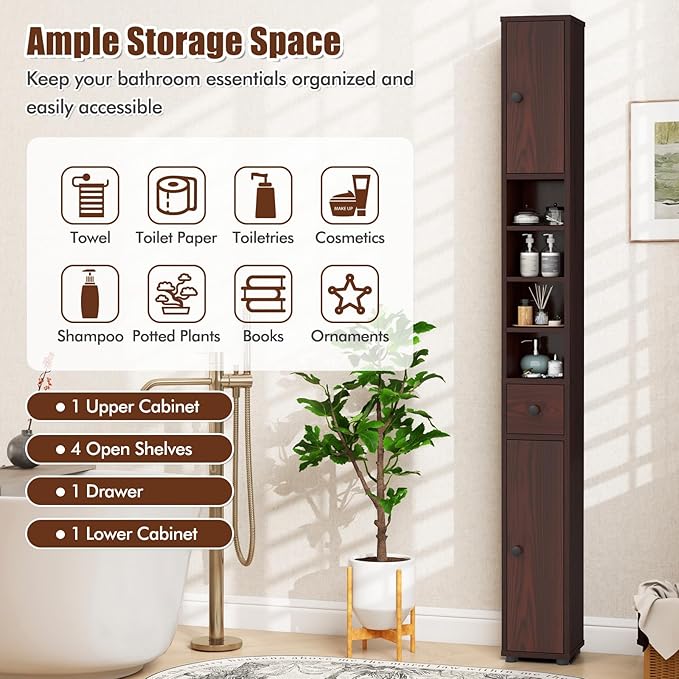 LDAILY 71”Tall Narrow Storage Cabinet, Skinny Bathroom Storage with 1 Drawer, 2 Doors, 5 Adjustable Shelves and Anti-Tipping Device, Wooden Slim Bathroom Cabinet for Office, Kitchen, Small Space