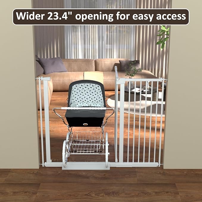 WAOWAO 1.37" Ultra Narrow Spacing Extra Wide Dog Pet Gate 69.48-77.36" Pressure Mounted Walk Through Double Lock Swing Auto Close Safety White Metal Toddler Baby Puppy Pet for Indoor,Doorway,Kitchen