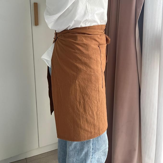 Cityelf Linen Server Apron Cotton Bistro Half Apron with Large Pockets Waist Kitchen Apron for Cooking Waitress