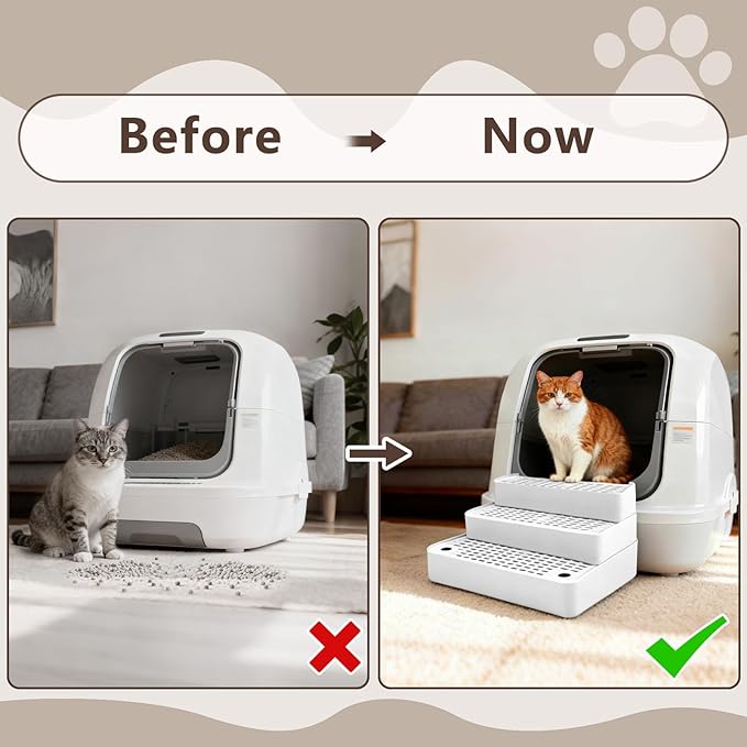 Adjustable 3 Steps Cat Ramp for Litter Box, Detachable Cat Pedal Step Stool with Filter Function, Double Layered Cats Litter Trapper, Suitable for Small&Elderly Cats, Non-Slip(White)