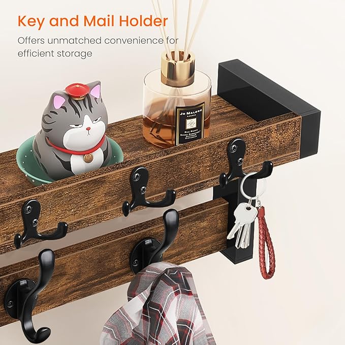 Homode Coat Rack Wall Mount with Shelf, Entryway Coat Hanger with Key Hooks and Mail Holder, 29 Inch Wood Floating Shelf with Hooks and Storage, Key Holder Mail Organizer, Rustic Brown