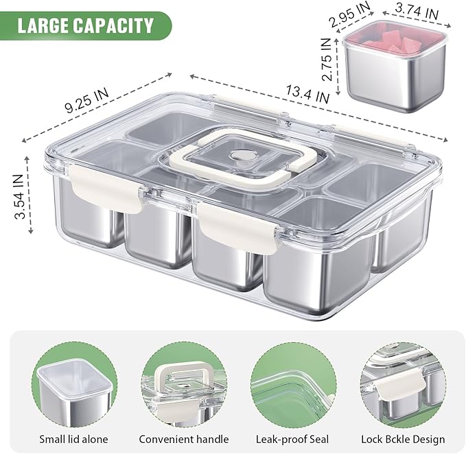 Snackle Box Container, 304 Stainless Steel Divided Serving Tray with Lid and Handle, Portable 8 Compartments Veggie Tray for Fruits,Veggies,Nuts &Candy, Dishwasher Safe for Travel,Picnic,Beach&Parties