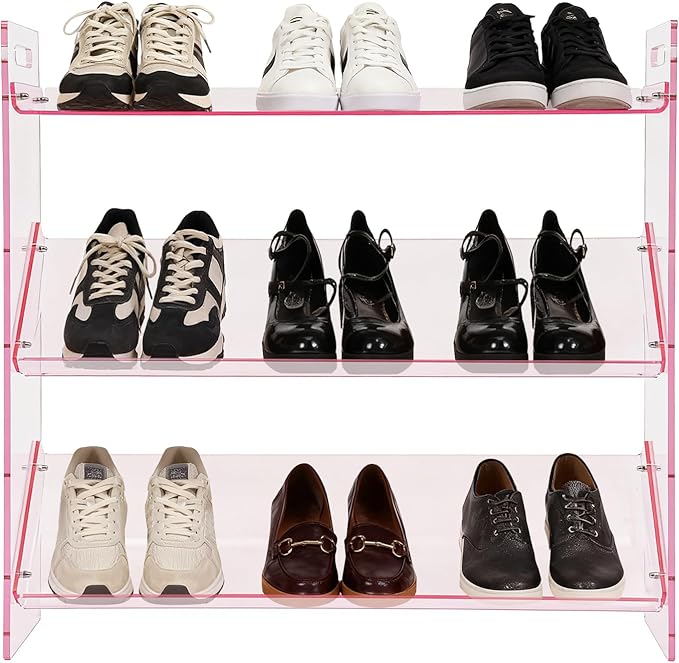 3-Tier Acrylic Shoe Rack, Shoe Organizer for Entryway Closet, Sturdy Display Shelf for Sneakers Boots, Space-Saving Storage Solution, 27.6" x 6.7" x 27.2" (Pink)