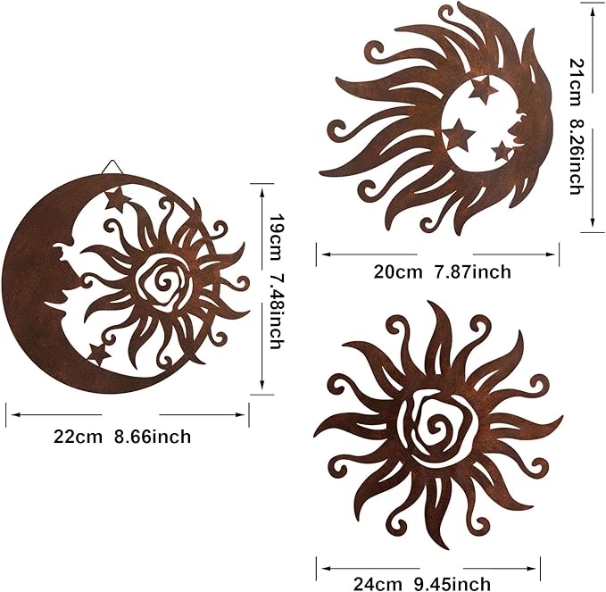 Limygus Sun Moon Metal Wall Art - Rust Colored Rust Proof Wall Sculpture Set of 3 for Indoor & Outdoor Decor for Bedroom, Garden, Patio, Farmhouse