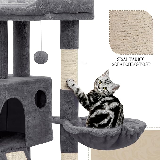 Athena Collection Small Cat Tree, Modern 36 Inch Cute Cat Tree Tower with Scratching Post Condo Hammock Activity Platform and Playing Ball for Indoor, Dark Grey