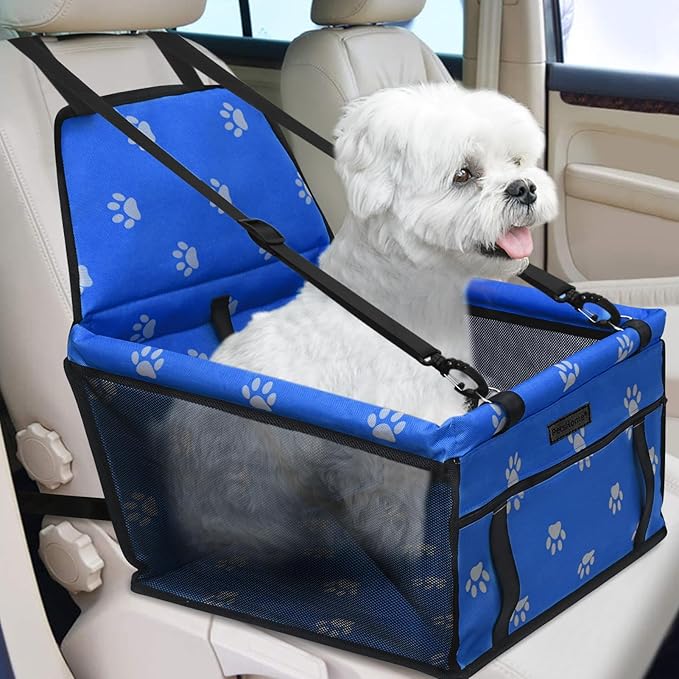 PetsHome Dog Car Seat Foldable Dog Car Booster Seat Waterproof Breathable Oxford Travel Bag for Small to Medium Dogs, Puppies, and Pets-Footprint Blue