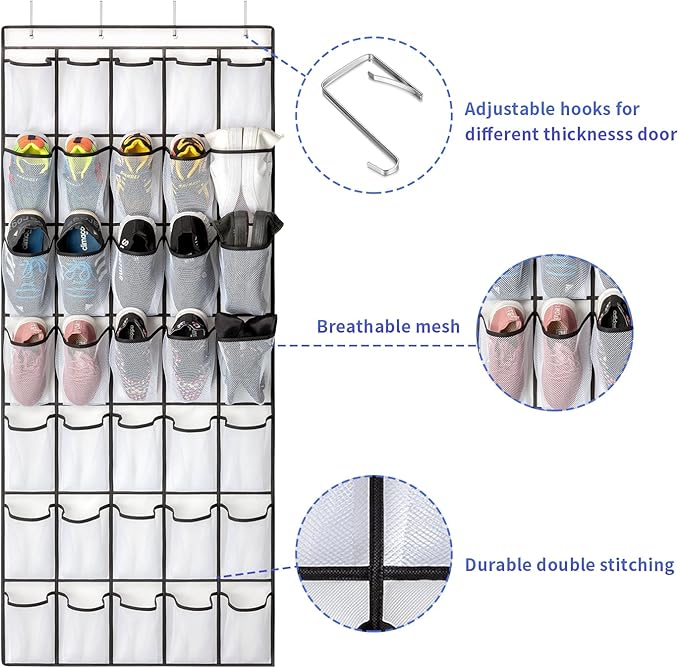 35 Pockets Over the Door Shoe Organizer, Hanging Shoe Organizer for Door with 35 Mesh Pockets Large Capacity Shoe Hanging Storage Bag with 4 Metal Hooks (White-1Pack)