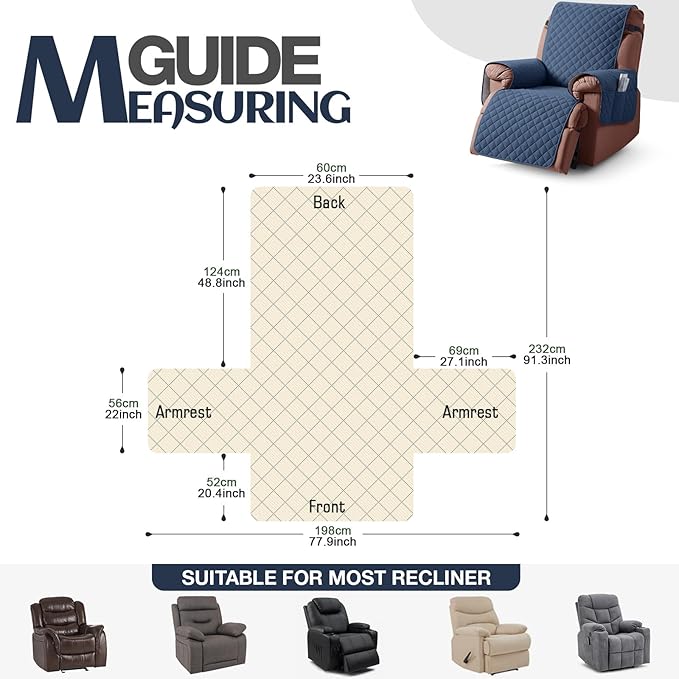 KinCam 100% Waterproof Recliner Chair Cover, Reclining Couch Covers for Pets, Dogs, Recliner Couch Slipcover Furniture Protector with Elastic Straps for Kids(23.6", Blue)