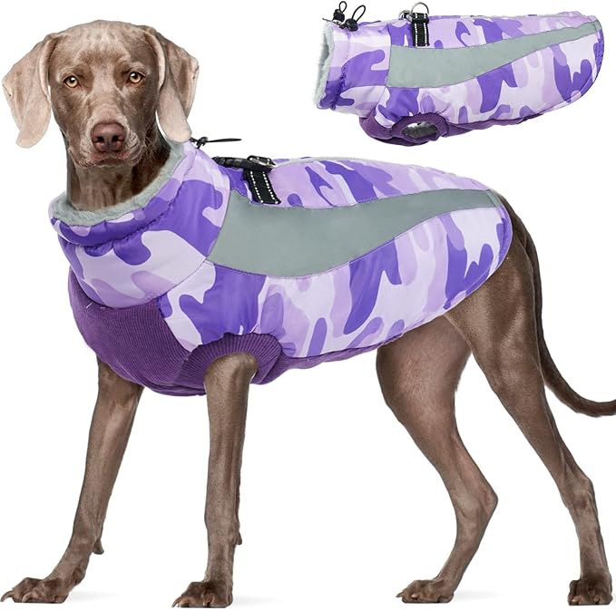FUAMEY Dog Winter Jackets for Large Dogs,Dog Coat with Harness Built in,Waterproof Dogs Snowsuits Warm Pet Jacket Zip Up Fleece Cold Weather Coats Reflective Puppy Vest with Pocket Blue 3XL