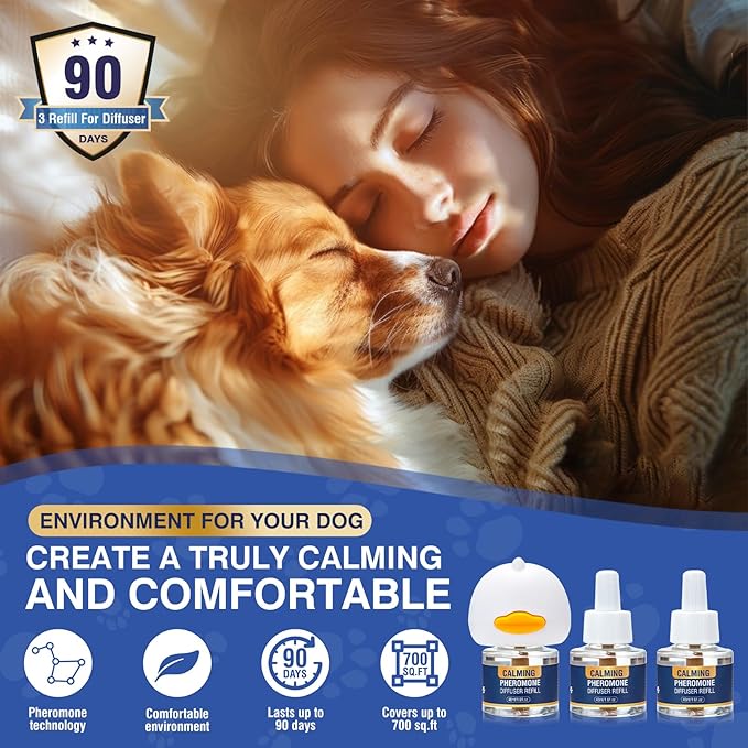 Calming Diffuser Dog Pheromone 4 in 1 Appeasing Pet Pheromones Diffuser to Calm Kit (Plug in+ 3 Pack 48ml Refill) for Anxiety Relief Reduce Barking Aggression Fighting Stress 90 Day Supply