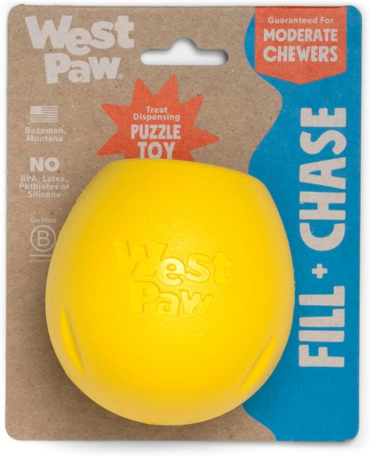 WEST PAW Zogoflex Rumbl Treat-Dispensing Dog Toy – Interactive Slow-Feeder Chew – Enrichment Toy Moderate Chewers, Fetch, Catch – Holds Kibble, (Dandelion Yellow, Large)