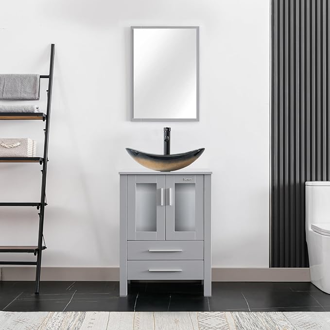 eclife 24" Modern Bathroom Vanity Sink Combo Freestanding Cabinet with Soft Closing Door, Champagne Boat Glass Vessel Sink, Water Save Faucet, Drain (Gray+A29CH)