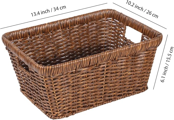 2pcs Wicker Storage Basket for Shelf, Waterproof Large Storage Baskets Bins with Handles, Stackable Rectangle Baskets for Shelves, Closet, Pantry, Laundry Organizing, Toffee