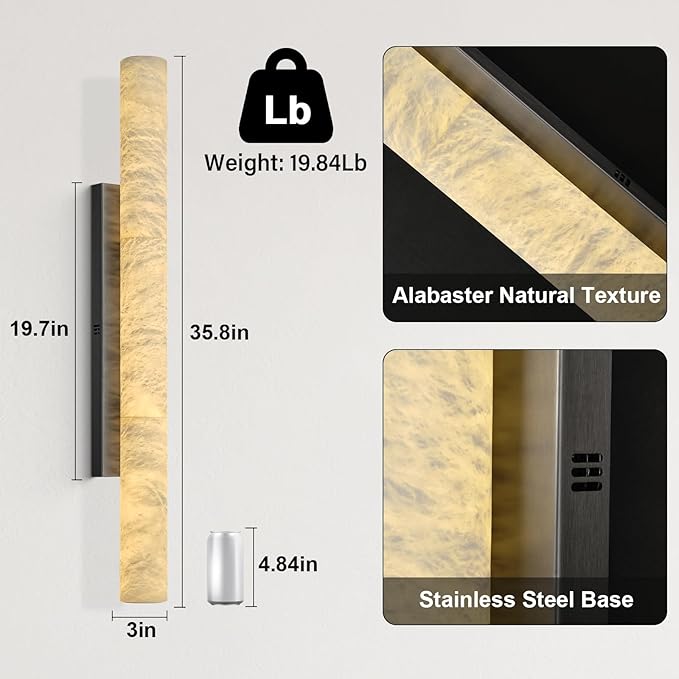 Natural Alabaster Wall Sconces, 36" Large Bronze Wall Sconce, Modern Gold LED Sconces, Cylinder Spanish Marble Sconce Perfect for Living Room, Bedroom, Hallway, Stairs