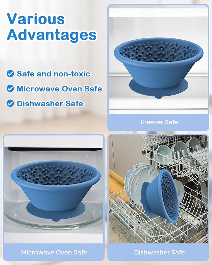 Dog Slow Feeder Lick Bowl to Prevent Fast Eating, Steel Reinforced Rim, Non-Slip Suction Base, BPA-Free Silicone, Dishwasher & Freezer Safe, Helps Extend Mealtime & Keep Dogs Calm(Blue)