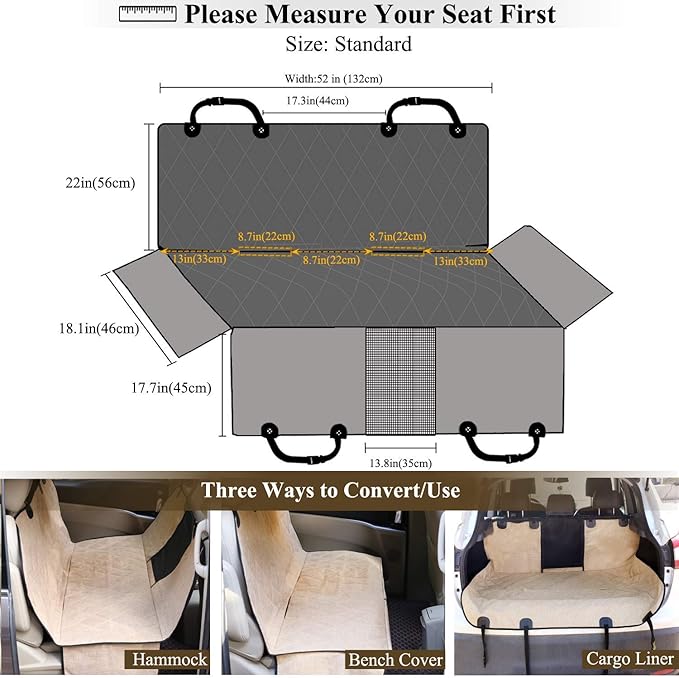 VIVAGLORY Dog Car Seat Covers, Hammock Seat Cover Mesh Visual Window with Extra Strap & Buckles, Waterproof & Nonslip Car Back Seat Cover Convert to Bench Seat Cover & Trunk Liner, Heather Khaki S