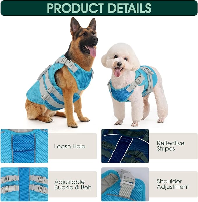 Kuoser Dog Cooling Vest Harness, Medium Dog Cooler Jacket, UV Protection Shirt with Leash Hole, Adjustable Fit Pet Harness for Outdoor Beach, Hiking, Walking Blue L