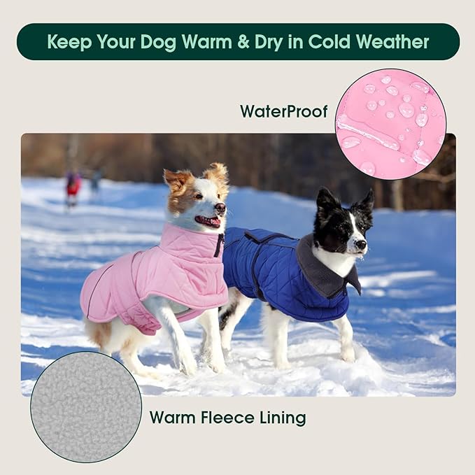 Kuoser Dog Coat, Super-Warm Dog Jacket Windproof Pet Cold Weather Coats for Extra Large Dogs, Fleece Lining Quilted Turtleneck Puppy Snowsuit Reflective Adjustable Doggie Winter Clothes, Pink, 3XL