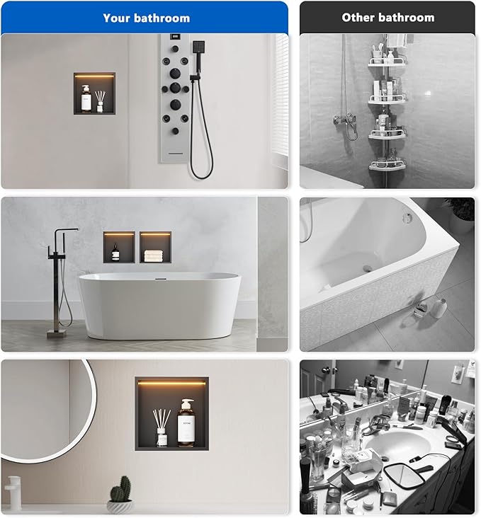 QAOYEDE 12"x12" Stainless Steel LED Shower Niche, Matte Black No Tile Needed Recessed Shelf, Over Mount Bathroom Wall Storage for Soap & Accessories