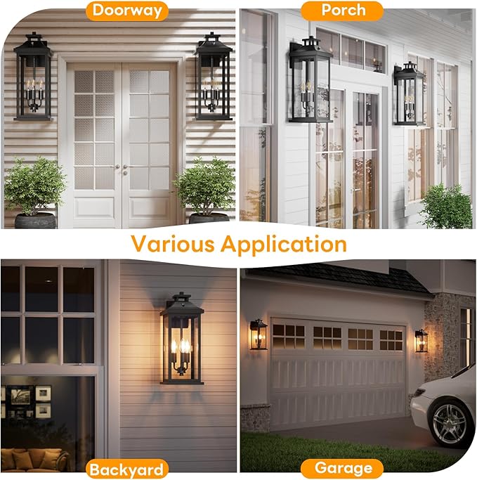 20" Large Dusk to Dawn Exterior Wall Light Fixture 3-Light, Black Outdoor Porch Lantern Wall Mounted, Waterproof Modern Outside Wall Sconce Garage Patio Coach Lamp for House, E12