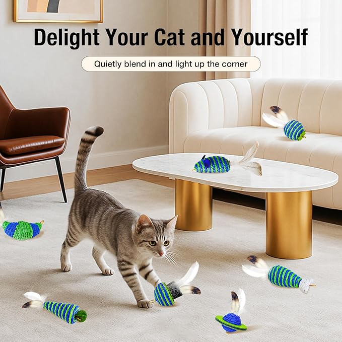 UTEE Cat Feather Wand Toy Set – Interactive Teaser Wand with 7 Replacement Feather Heads, Eco-Friendly Rope Design, Stimulating Indoor Play for Exercise & Bonding (Blue & Green)
