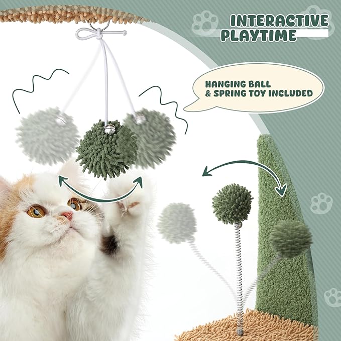 Magshion 34" Cactus Cat Tree for Indoor Cats, Multi-Level Cat Tower with Scratching Post, Condo, Top Perch, Basket, and Hanging Toys for Kittens & Small Cats, Green