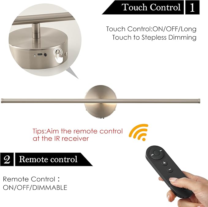 Battery Operated Wall Sconces with Remote Control, Dimmable Wall Sconces Set of Two, 350°Rotate, 3000K LED Nickel Wireless Wall Light for Living Room, Bedroom, Hallway, 24.4 Inch (2 Pack)
