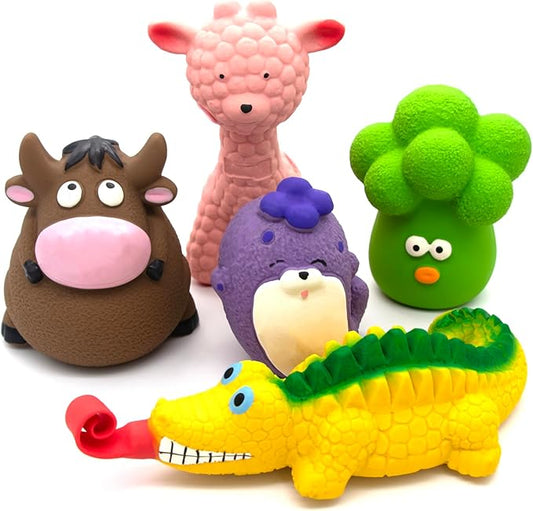 Natural Latex Dog Chew Toys 4&5 Piece Sets for Puppies&Dogs - Anxiety Relief&Teeth Cleaning Chew Toys, Waterproof for Indoor Outdoor Multiple Fun Themes (Set 1：Enchanted Forest Animals (5-Piece))