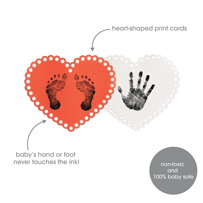 Pearhead Valentine's Day Baby Clean-Touch Ink Pad Set, No Mess Handprint and Footprint Maker, Baby's First Valentine, 2 Heart Print Cards