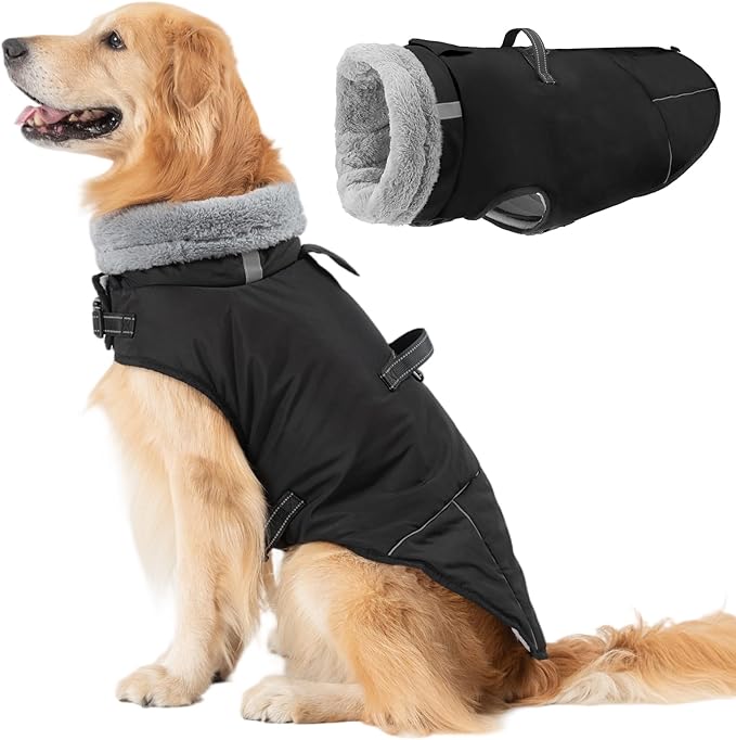 Mihachi Dog Coat for Large Dogs, Warm Dog Winter Coat Waterproof Dogs Jacket with Harness Built in Reflective Pet Fleece Vest, Puppy Cold Weather Coats Turtleneck & Windproof Pet Snowsuit, Black L
