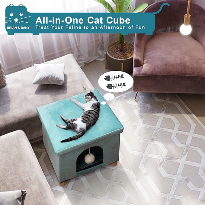 BRIAN & DANY Foldable Cat House, Cat Cave, Cat Cube with Scratch Board & Ball, 12.5" x 14.5” x 14.1”, Green