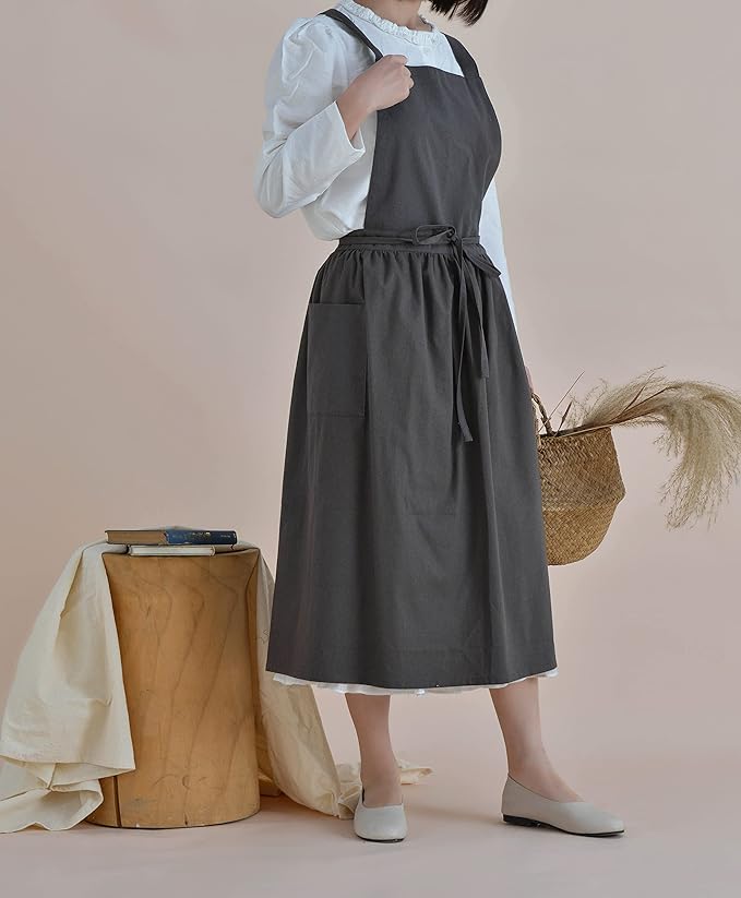 VLZUFE Women Cotton Linen Cross Back Apron with Pockets for Gardening Works Pinafore Dress
