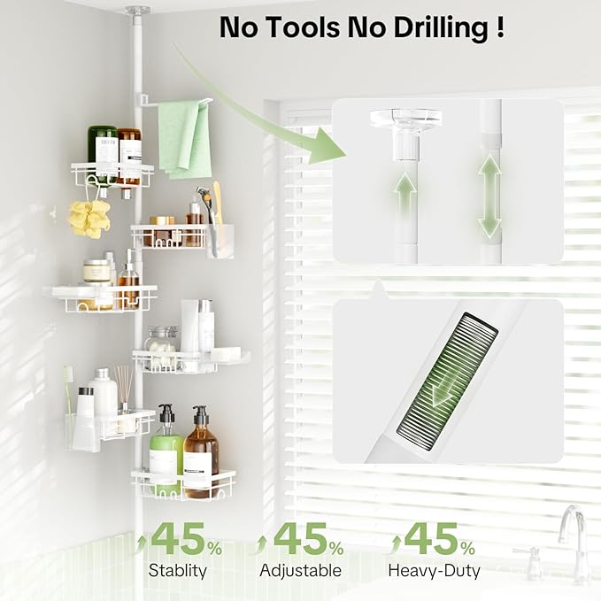 Shower Tension Rod Organizer, 6 Tier Rustproof Corner Shower Caddy Tension Pole with Soap Holder & Hooks, Adjustable 30-121 Inch Bathroom Shelf for Renters - Family Stand Storage Rack, White
