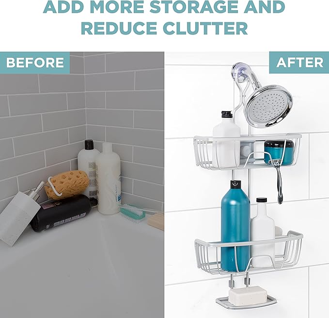 Zenna Home NeverRust Shower Caddy Hanging Bathroom Organizer, Aluminum Shower Rack with 2 Adjustable Shelves and Built in Hooks, Over Shower Head Storage System, Satin Chrome
