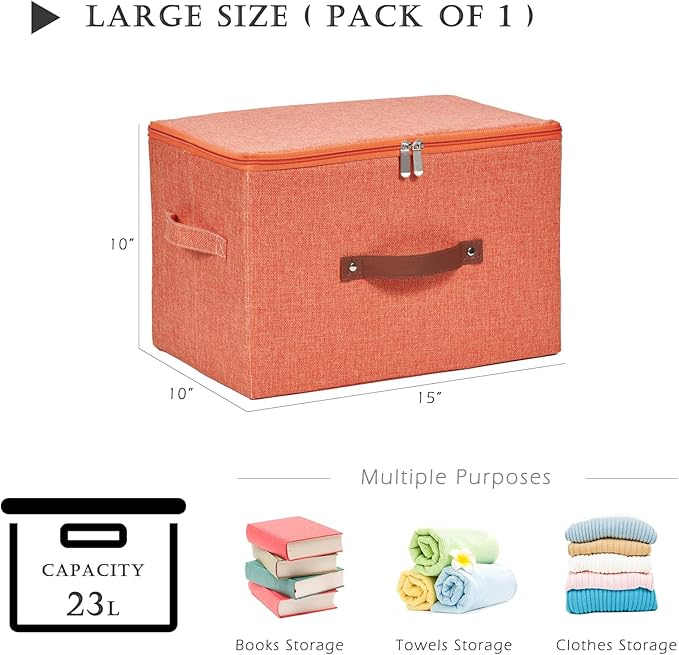 Storage Bins with Zipper Lid Cotton Linen Fabric Lidded Storage Baskets Boxes Foldable Washable Closet Shelf Clothes Organizer Container with PU Leather Handles (Orange, Large)