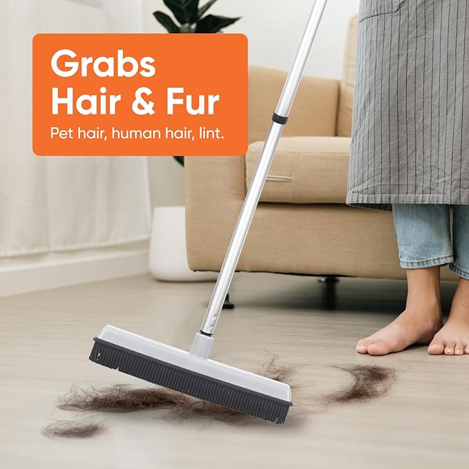 Rubber Bristle Floor Broom, Salon Squeegee & Rug Rake for Human Hair, Pet Hair, Fur, Lint, and Liquid, with 3-Part Handle, Grey, 2 Pack, by Superio