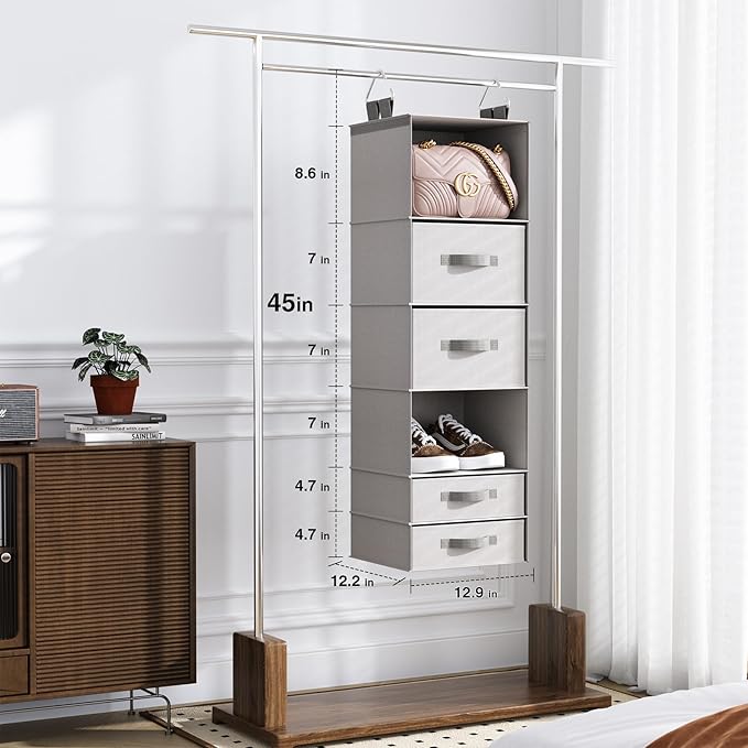 Hanging Closet Organizer with Storage Drawers, Made of 600D Thickened Oxford Cloth, Washable, Tear-Resistant, Strong Load-Bearing Without Deformation (Light Gray)