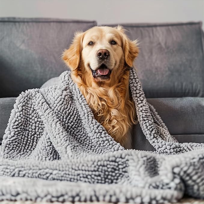 Muddy Mat® Dog Blanket - Chenille Water Absorption Blanket for Bed & Couch Cover for Dogs Washable, Anti-Slip Soft and Durable Furniture Protector for Dogs - Grey 48"x56"