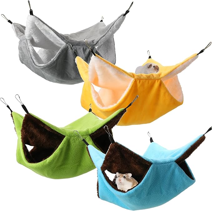 Nuogo 4 Pcs Rat Hammock for Cage Small Animal Hanging Ferret Hammocks for Rat Accessories Double Layer Ferret Bed for Guinea Pig Squirrel Chinchilla Playing and Sleeping(Classical)
