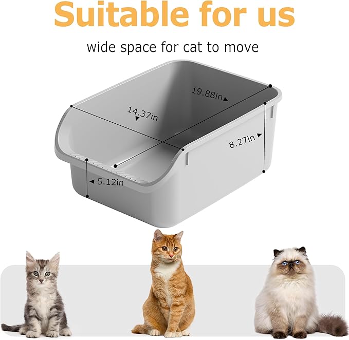 Large Cat Litter Box with High Side Cat Litter Pan Boxes for Indoor Cats Kitty Litter Box with Low Entry Open Top Entrance Anti-Splashing(Grey)