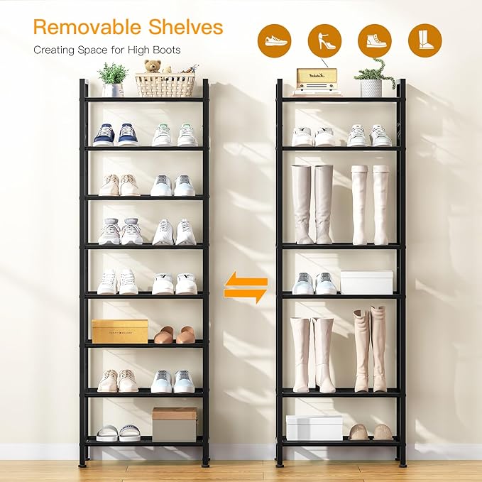 usikey 8 Tiers Narrow Shoe Rack 16-24 Pairs, Sturdy Metal Tall Shoe Rack with 4 Hooks, Slim Shoe Storage Organizer with Metal Shelf, Space Saving Vertical Shoe Shelf for Entryway Black UNYXJX016H