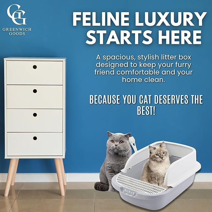 Large Open-Top Cat Litter Box with High Sides, Enclosed Scatter Shield Design, Easy Clean Plastic Litter Pan, Includes Scoop (Grey)