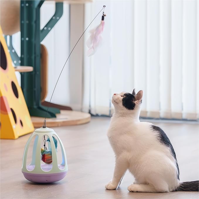 Cat Feather Wand Interactive Toy - Upgraded Pet Supplies Kittens Boredom Self Play Chase Exercise,Kitten Automatic Toys for Bored Indoor Adult Cats with Simulated Chirping Bird in Cage， Rechargeable