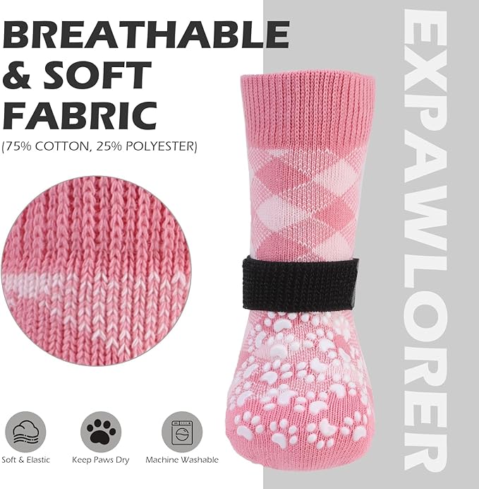 EXPAWLORER Dog Socks for Cold Winter Snow to Prevent Licking Paws, Anti Slip Doggie Booties Grippy Shoes for Hardwood Floors, Boots & Paw Protectors for Small Medium Large Senior Dogs Pink M