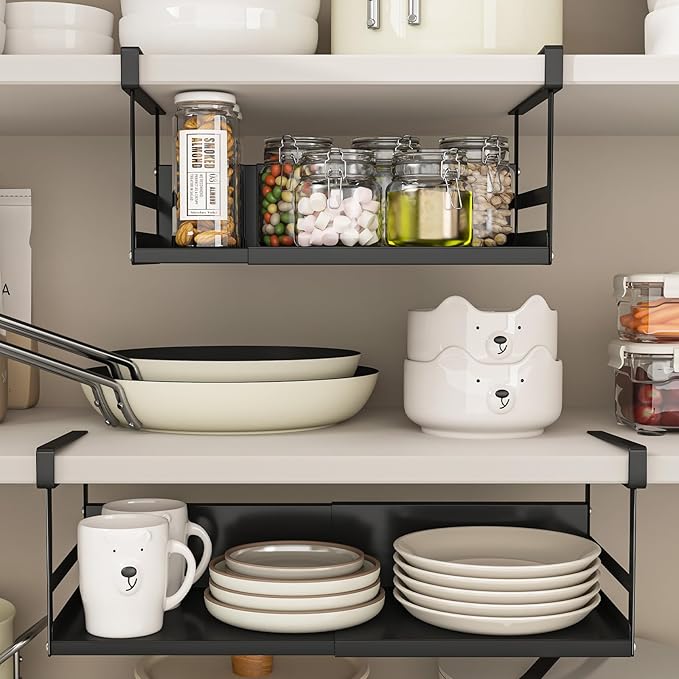 Expandable Under Cabinet Shelf Organizer with 0.94-Inch Thick Clips, Heavy Duty Extendable Under Shelf Storage Basket for Pantry or Laundry Room, Black, 1 Pack, Interior: 4.13" H x 7.2" D