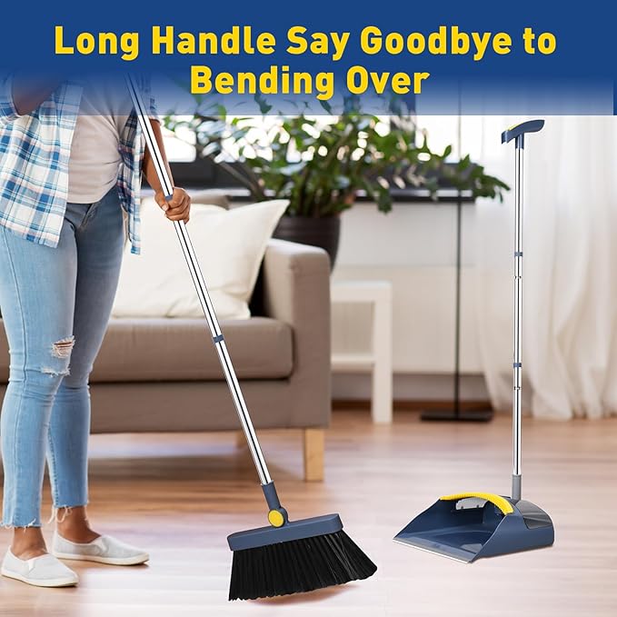 Broom with Dustpan Combo Set, 55" Long Adjustable Handle Broom and Dustpan Set Pet Hair Removal Broom with Dustpan Teeth to Clean Hair Suitable for Home Kitchen Office Hall Floor(Blue)