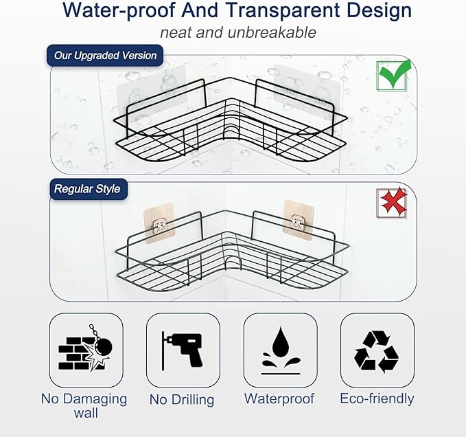 Strong Adhesive Shower Caddy Replacement, 6 Pack No Drill Adhesive Hooks for Bathroom & Kitchen, Holds 40lbs, Waterproof & Transparent Strips for Tile, Glass, Smooth Walls